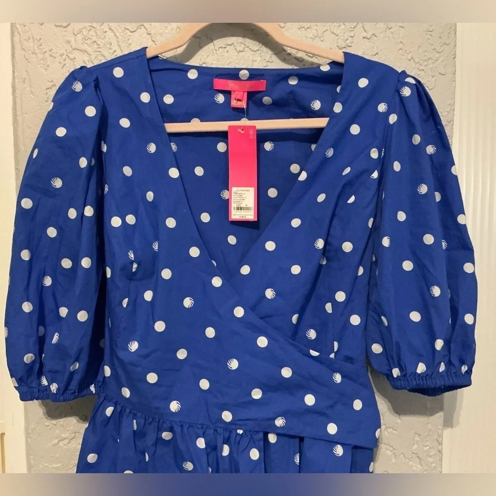 Lilly Pulitzer Blue and White Polka Kara Cotton Wrap Top (NWT)